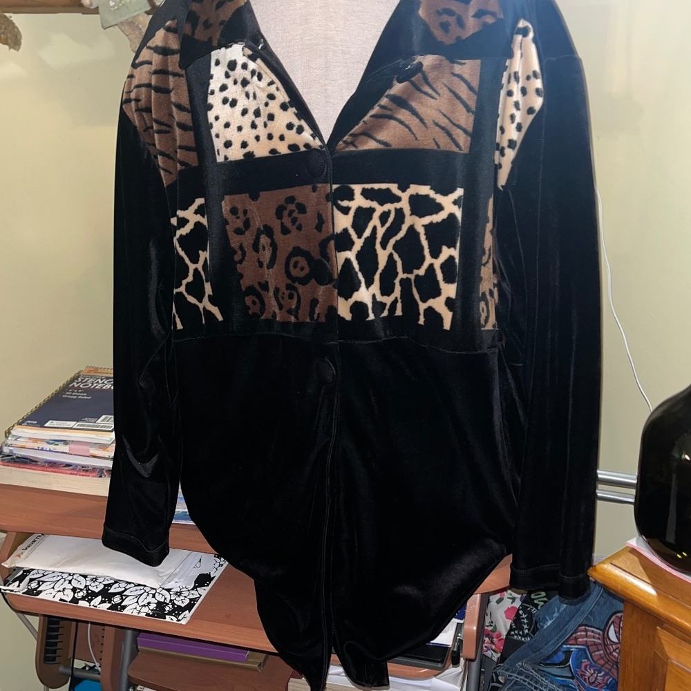Black and Animal Print Button Down Velour Top